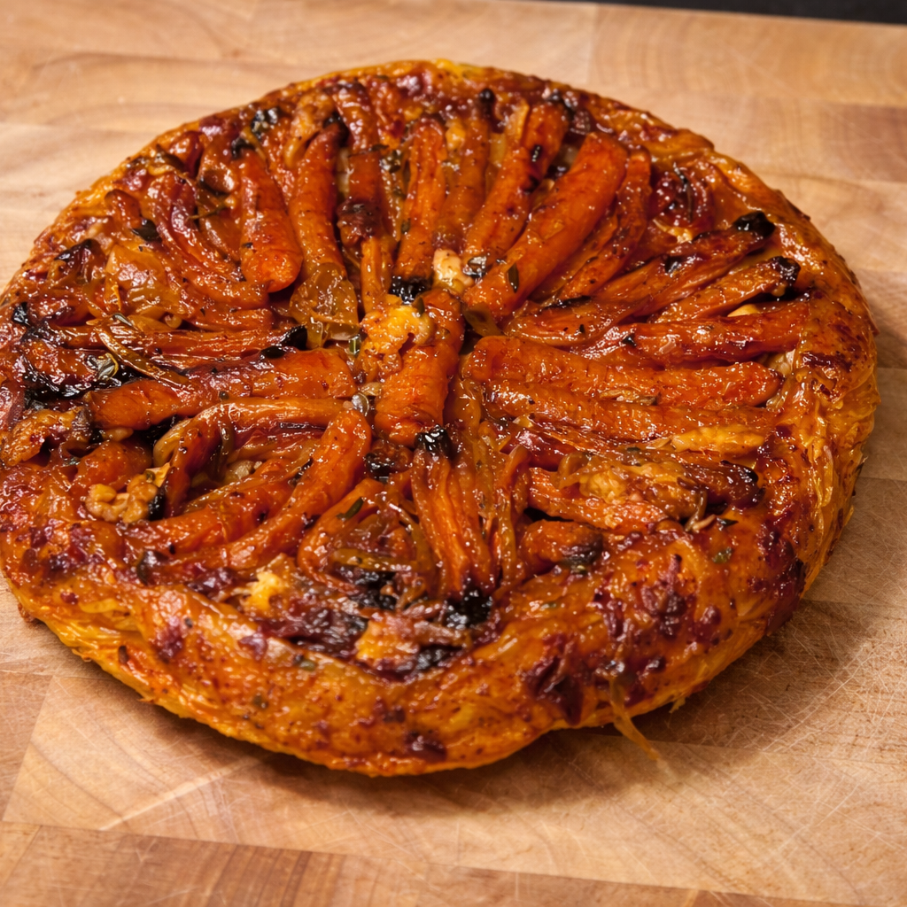 Carrots, Goats Cheese and Rose Harissa Tarte Tatin