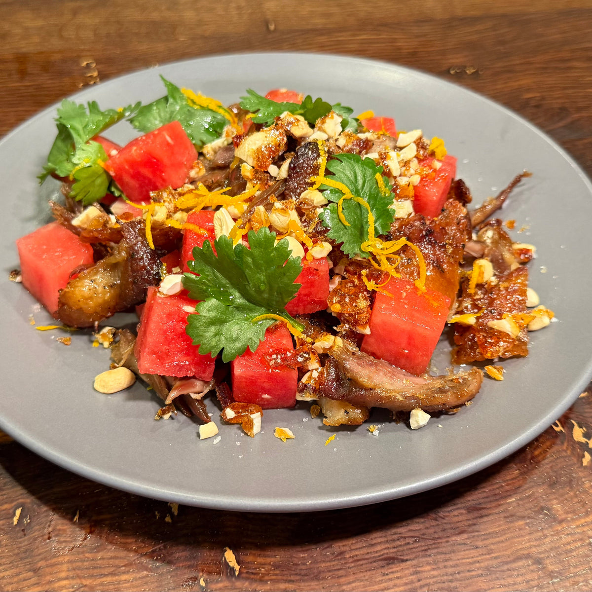 Watermelon & Confit Duck Salad with Spicy Caramel Cashews