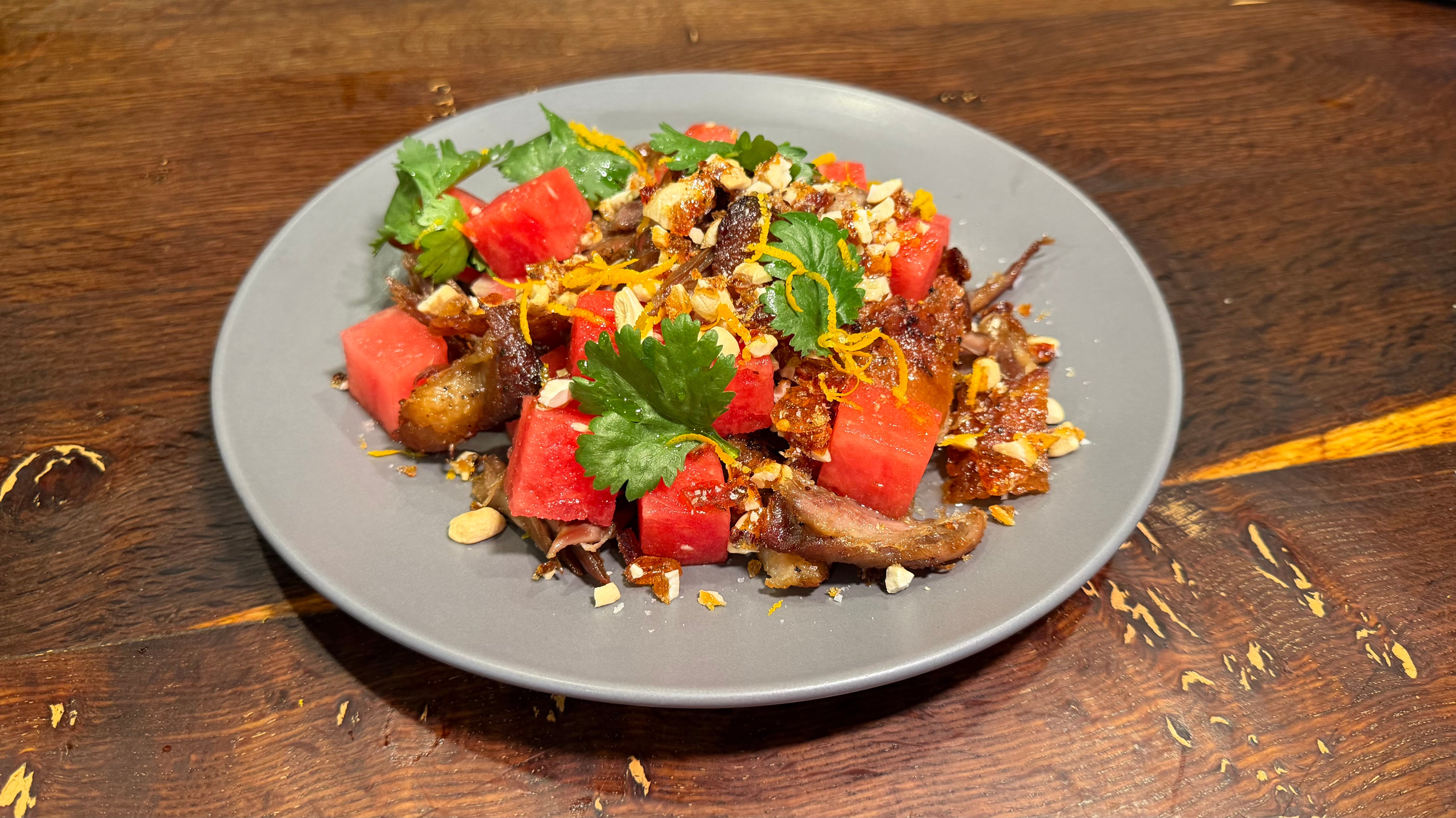 Watermelon & Confit Duck Salad with Spicy Caramel Cashews